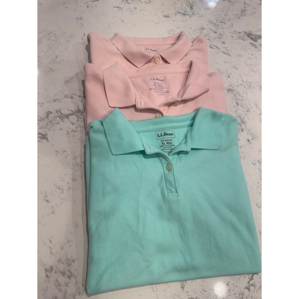 LL Bean Women XL Relaxed Fit‎ Polo Shirt Lot 3 Pink & Mint Pique. Preppy casual